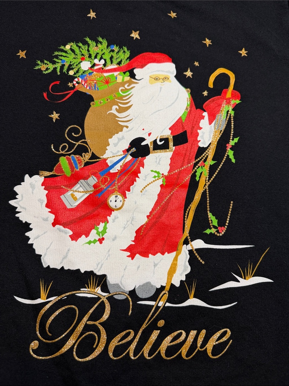 Holiday Time Black Crewneck Sweater with Santa ‘Believe’ Graphic - Picture 4 of 8